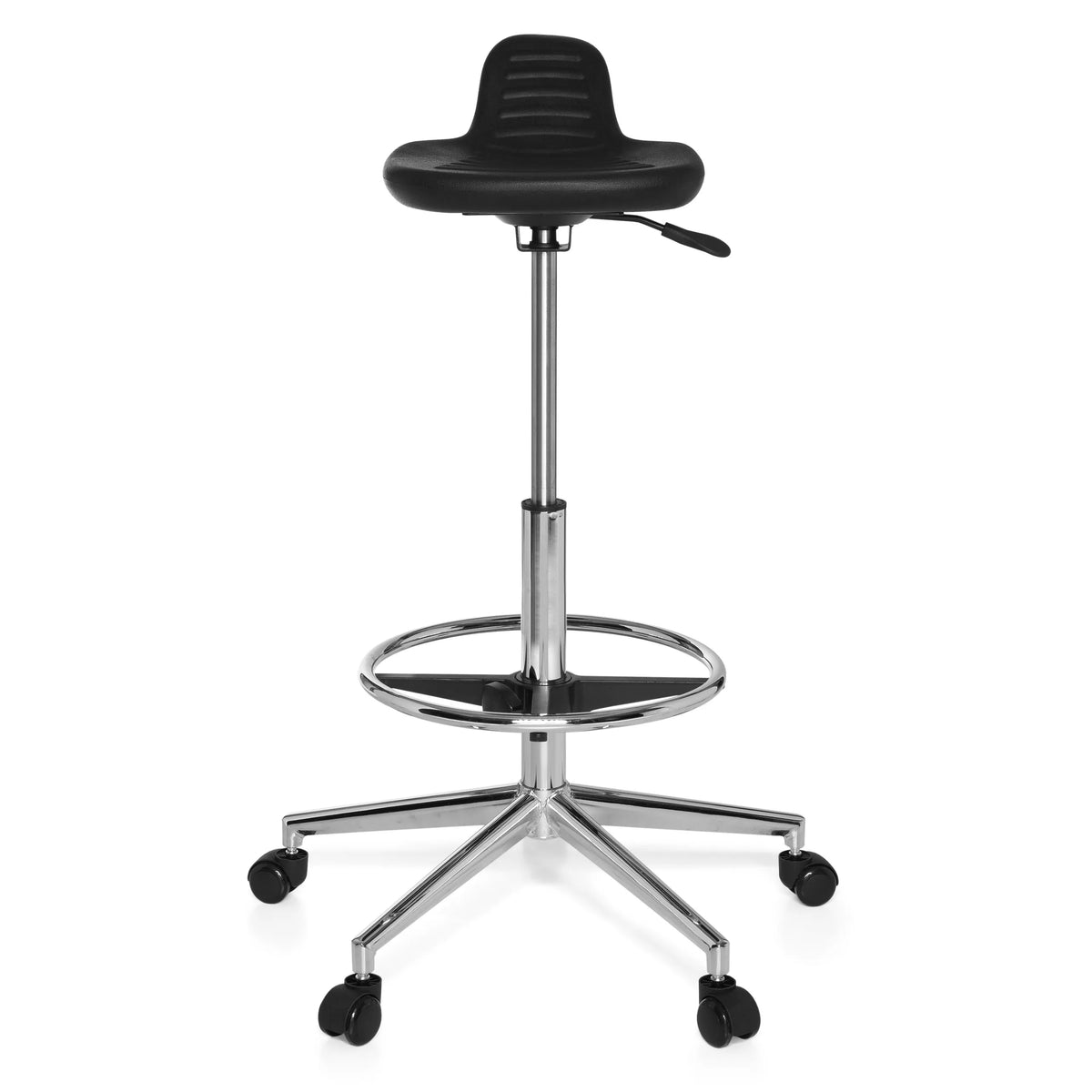 Black Swivel stool TOP WORK 03 with foot ring and five-caster base by hjh OFFICE – 360-degree view (front view 0°)