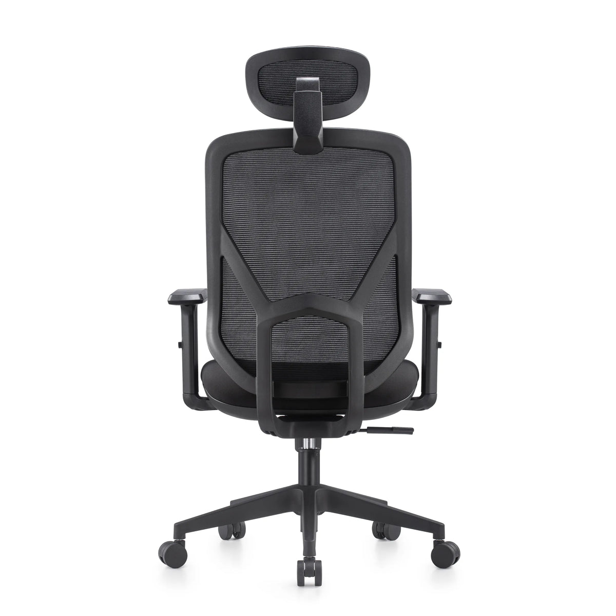 Rear view of the BLACORE Home Office Chair in black with mesh backrest and headrest by MyBuero