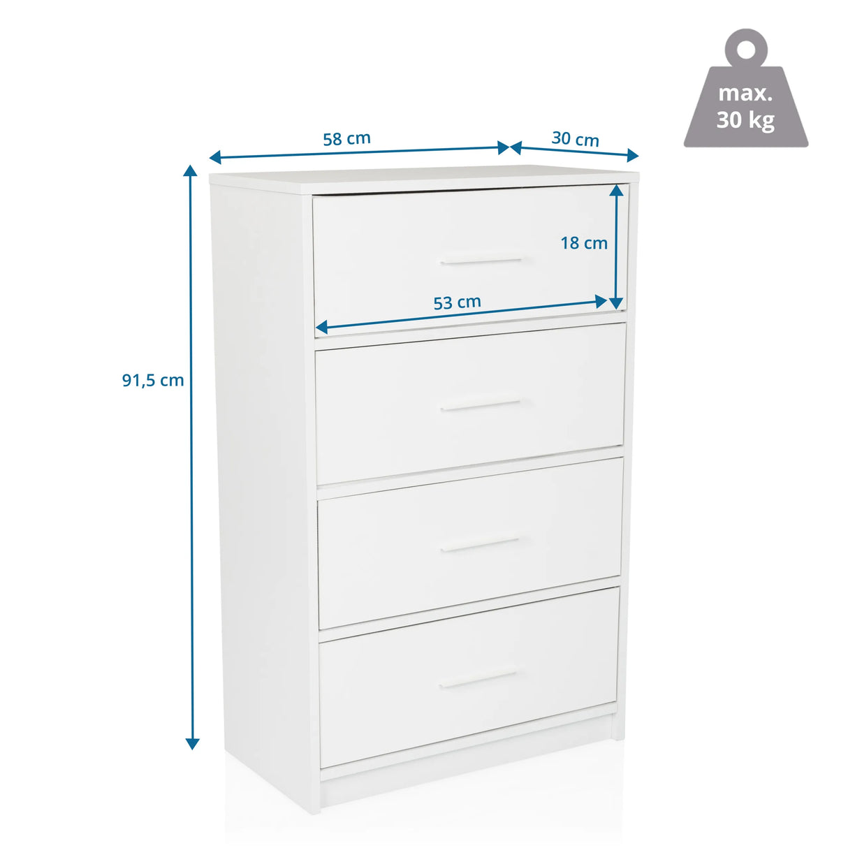 Dimensional drawing of the Chest of drawers ESTORIA with a height of 91.5 cm and a width of 58 cm by hjh LIVING