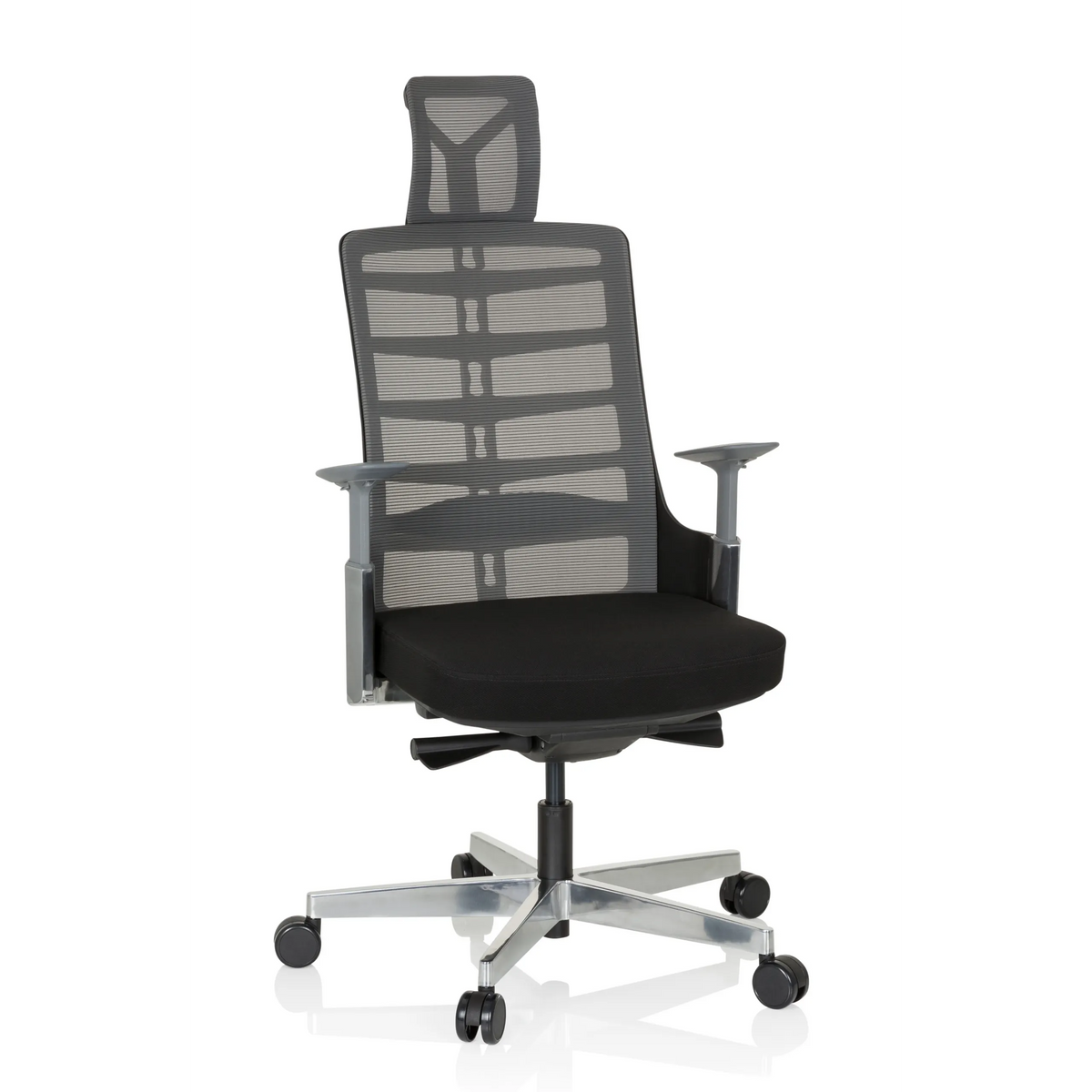 Black-grey High End Office Chair SKARIF with mesh back and five-caster base by hjh OFFICE – 360-degree view (front view 20°)