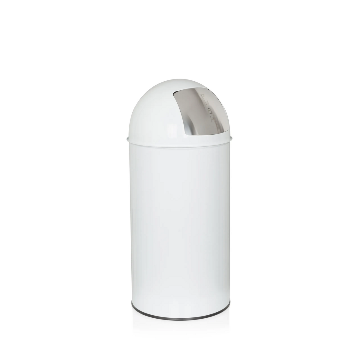 White wastepaper PUSH 35L with a rounded top and silver disposal opening by hjh OFFICE – 360-degree view (rear three-quarter view 120°)