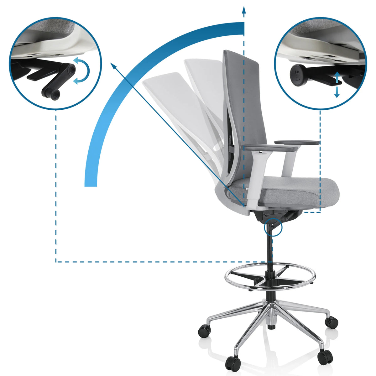 Adjustable backrest mechanism of the HALIFAX WORK counter chair in grey by hjh OFFICE