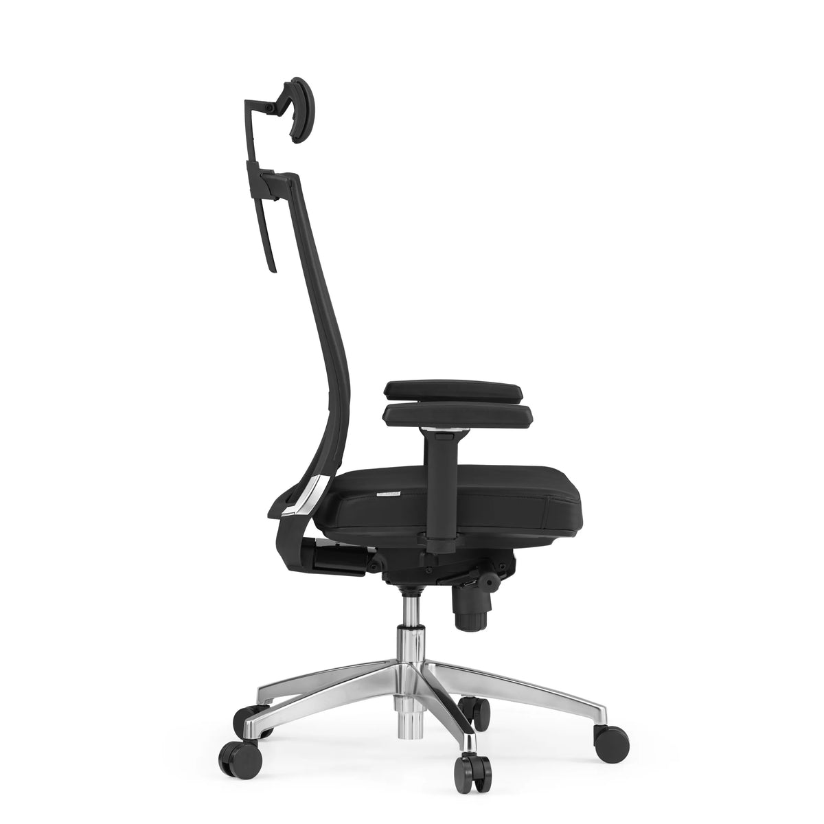 Black Professional Office Chair PORTO MAX HIGH made of leather with headrest and five-caster base by hjh OFFICE – 360-degree view (side profile 90°)