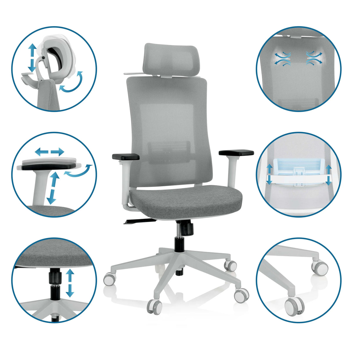 Grey Professional Office Chair COMFIO WMH with various adjustment options for headrest and armrests by hjh OFFICE