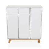 White Chest of drawers ESTHA with two drawers, three doors and light wood legs by hjh LIVING – 360-degree view (front view 0°)