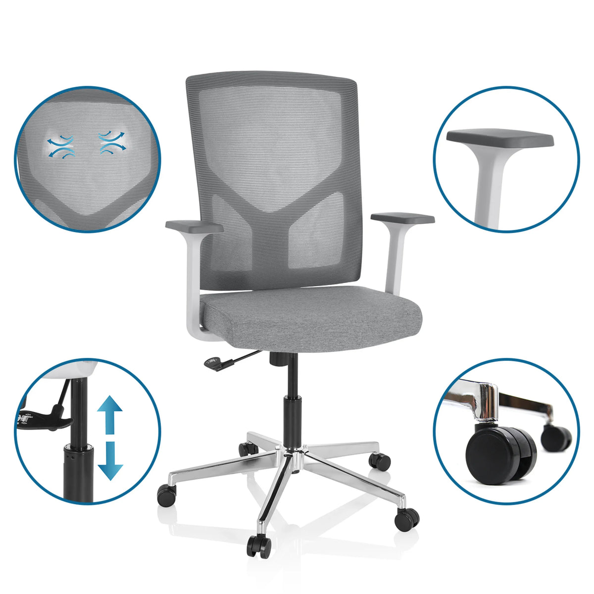 Grey Home Office Chair BRETON BASE W with mesh backrest, armrests and castors by hjh OFFICE