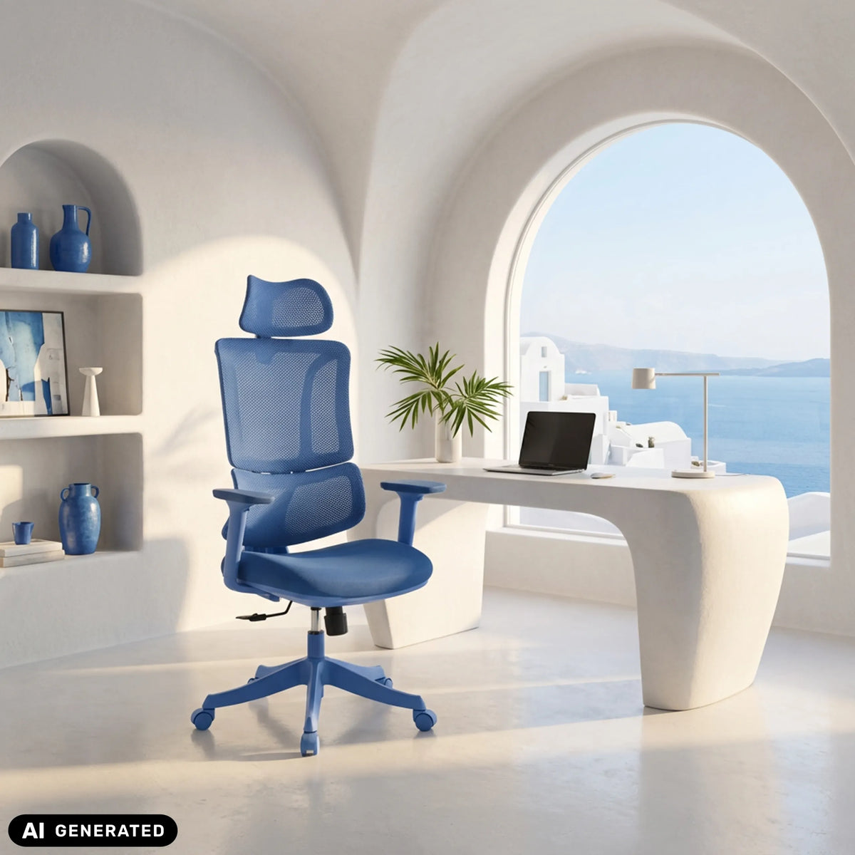 Blue Ergomy Colore Home Office Chair with mesh back and headrest by MyBuero (AI-generated image)