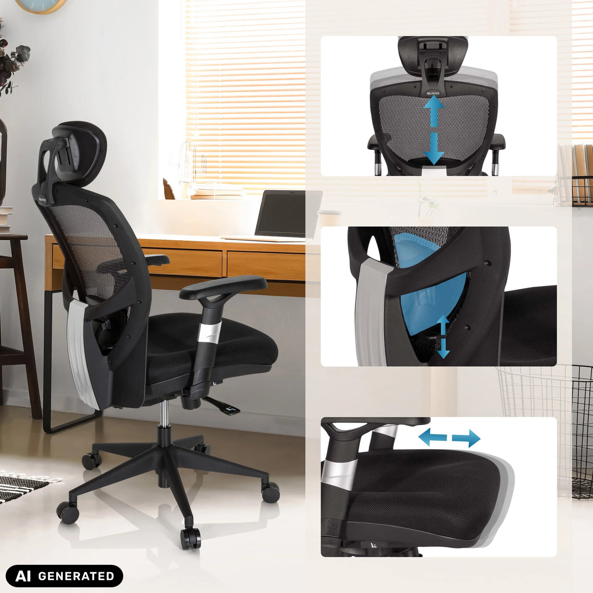 Adjustable headrest, lumbar support and seat of the high end office chair VENUS BASE by hjh OFFICE (AI-generated image)