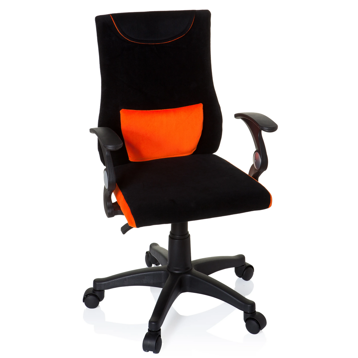 Schwarz-orangefarbener Kinderdrehstuhl KIDDY PRO AL mit Lendenkissen und Fußkreuz mit fünf Rollen von hjh OFFICE – 360-Grad-Ansicht (Frontansicht 20°)