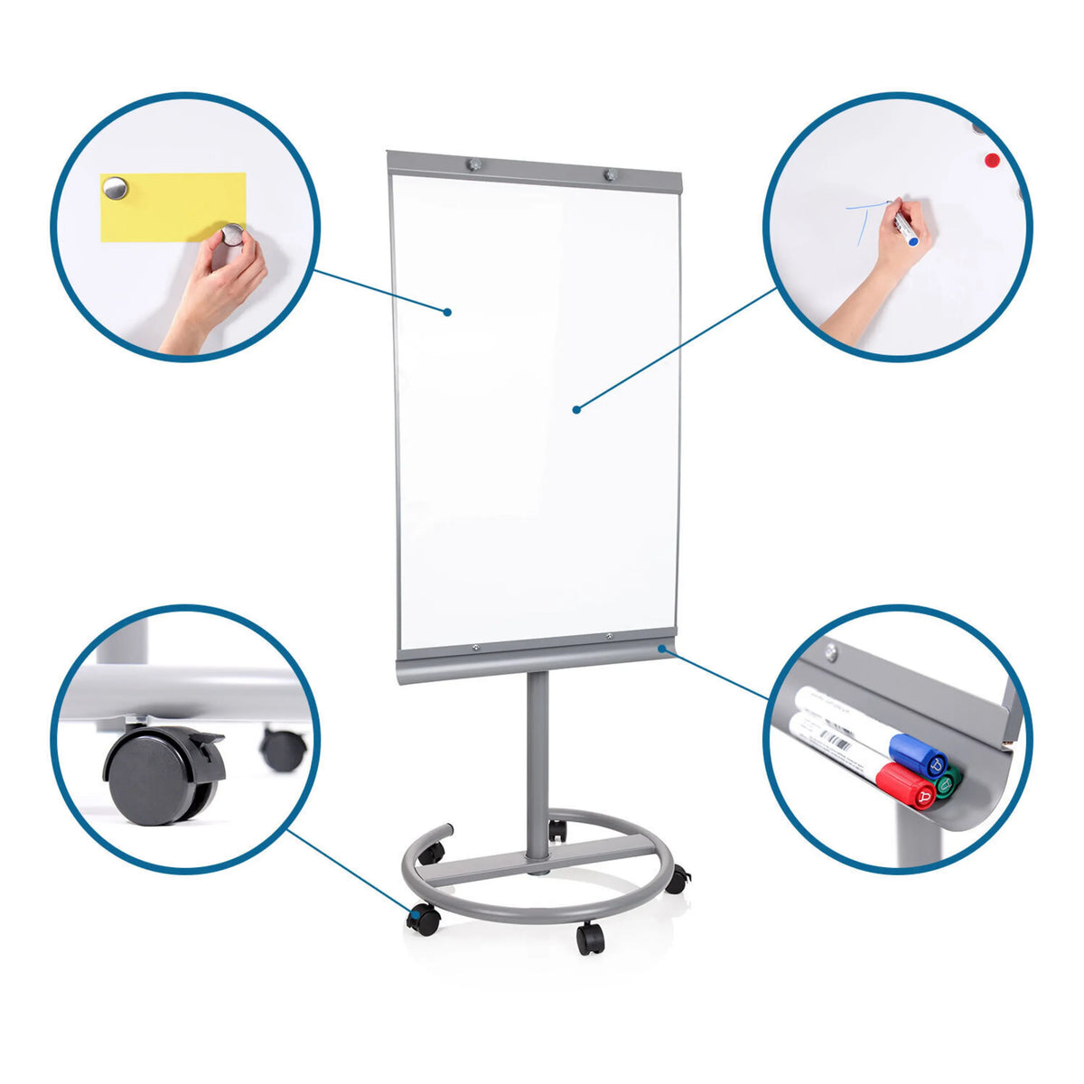 Silver MULTIBOARD whiteboard with castors, marker tray and a white writing surface by hjh OFFICE