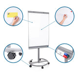 Silver MULTIBOARD whiteboard with castors, marker tray and a white writing surface by hjh OFFICE
