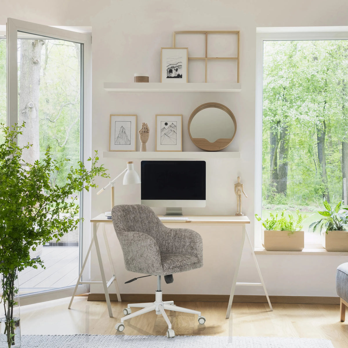 Home Office Chair SOLAO HOME in grey with fabric upholstery and white base at a desk by hjh LIVING