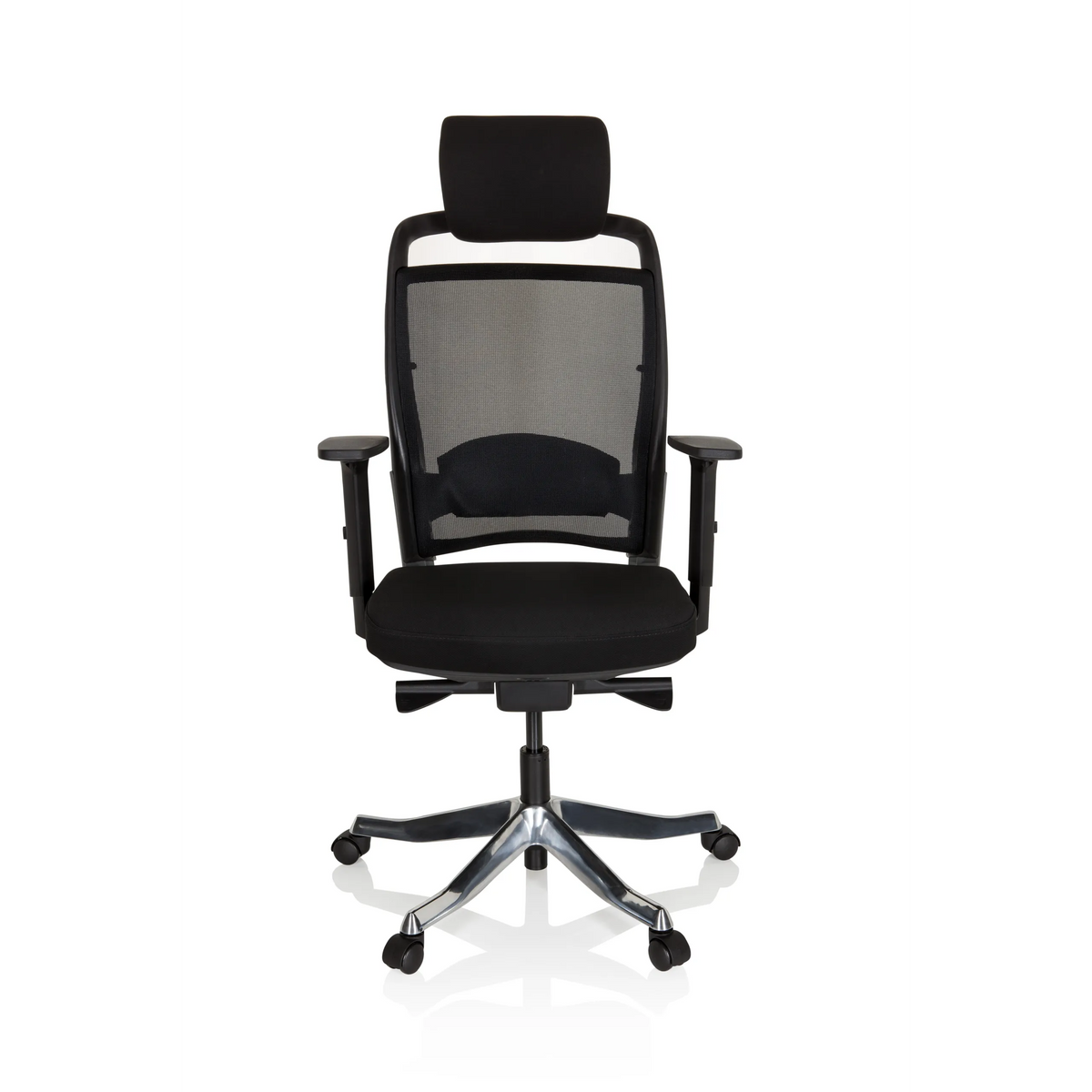 Black Professional Office Chair IKAST I with mesh back and glossy five-caster base by hjh OFFICE – 360-degree view (front view 0°)