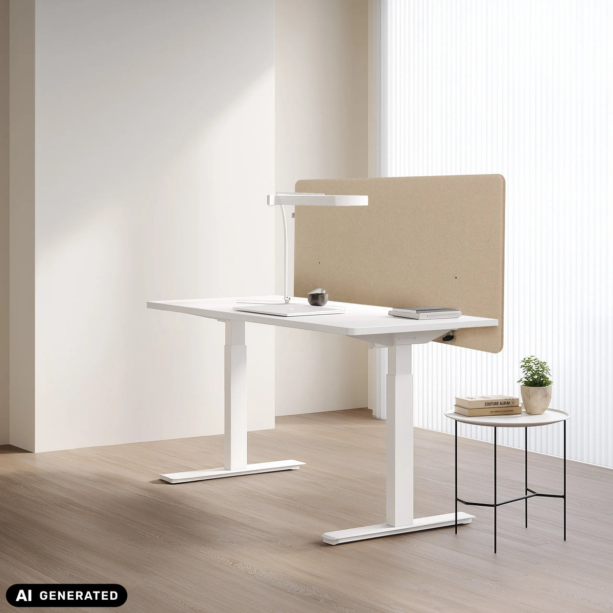 Beige FLEXMIUT D1 table partition on a white desk by hjh OFFICE (AI-generated image)