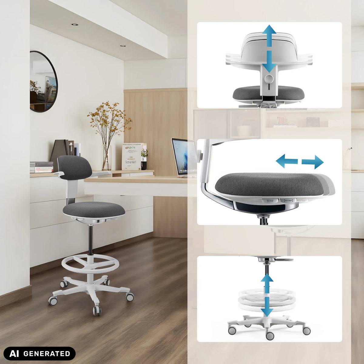 Adjustable backrest, seat and height of the TOP WORK 40 W work chair by hjh OFFICE (AI-generated image)