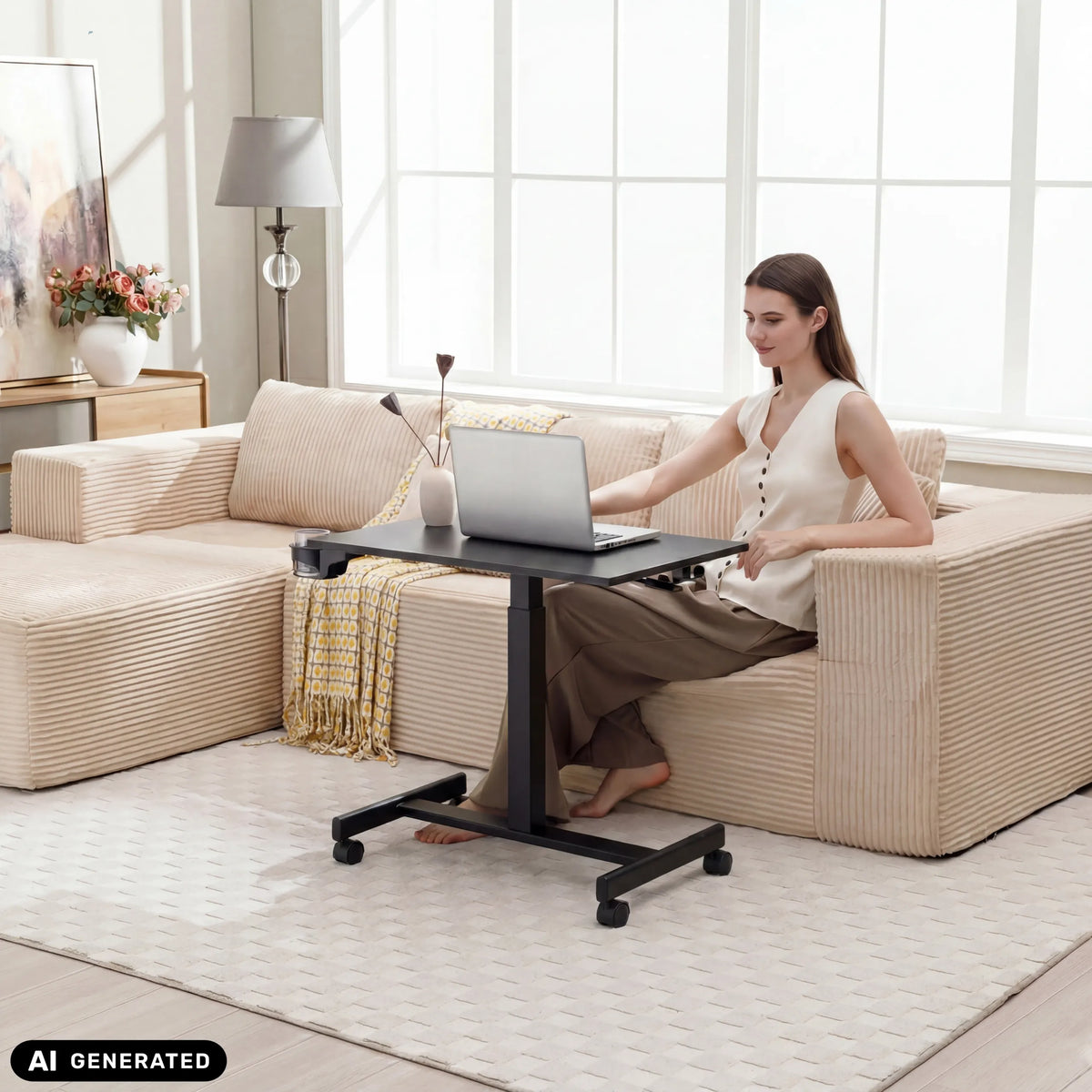 Black Stand K standing desk with a laptop on a light-coloured sofa by hjh OFFICE (AI-generated image)