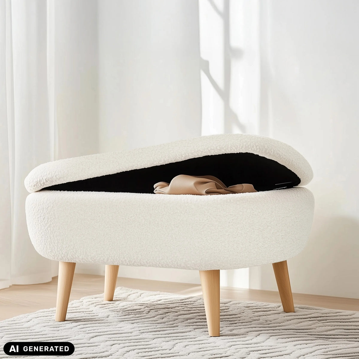 White STORIANO bench with integrated storage and wooden legs by hjh LIVING (AI-generated image)