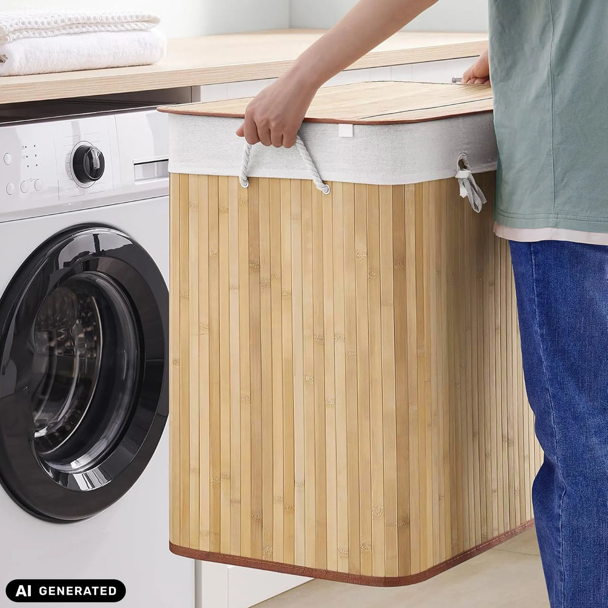 FALSTER XXL B laundry basket made of brown bamboo with white fabric liner and cord handles by hjh LIVING