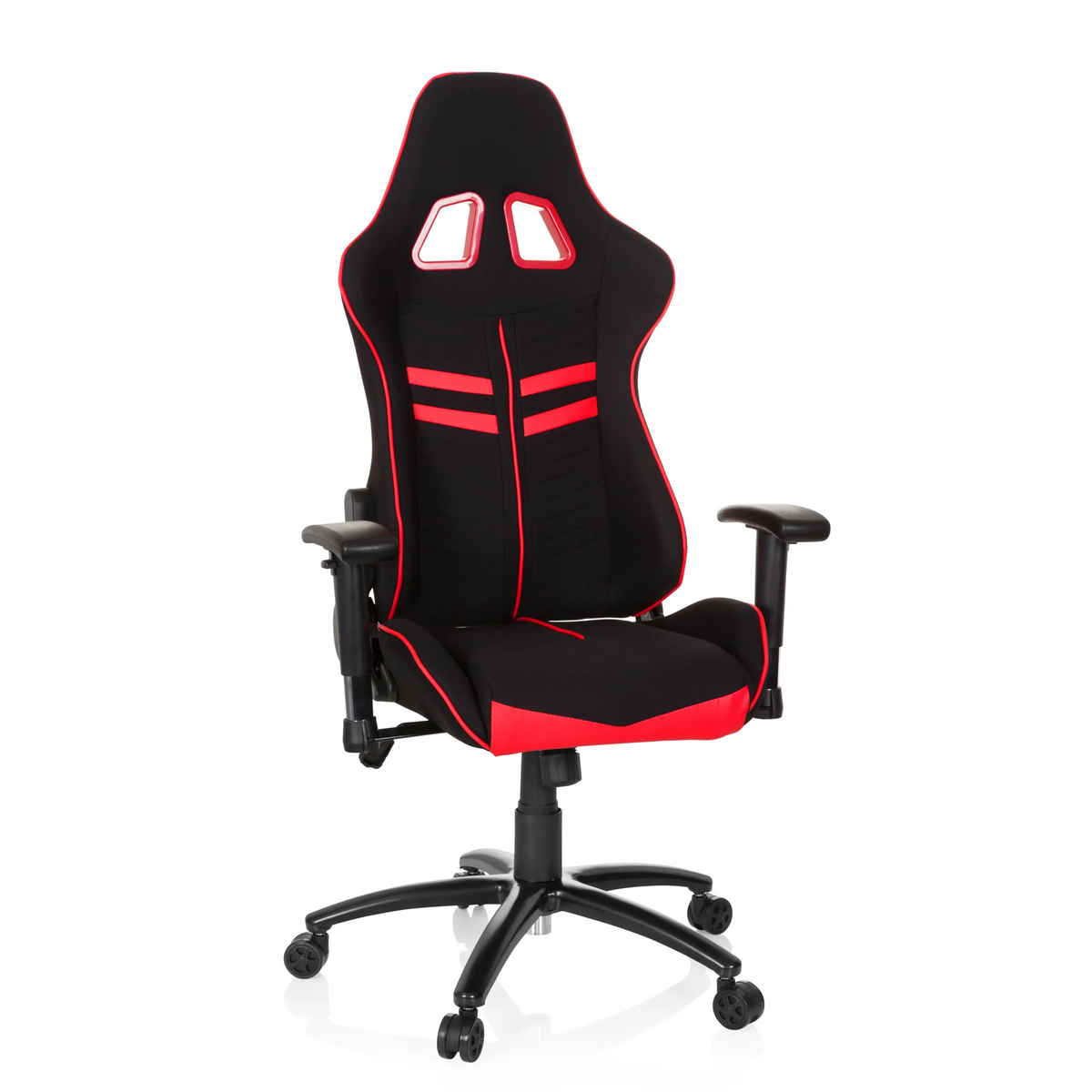 Black and red Gaming chair LEAGUE PRO I with two headrest openings and five-caster base by hjh OFFICE – 360-degree view (front view 20°)