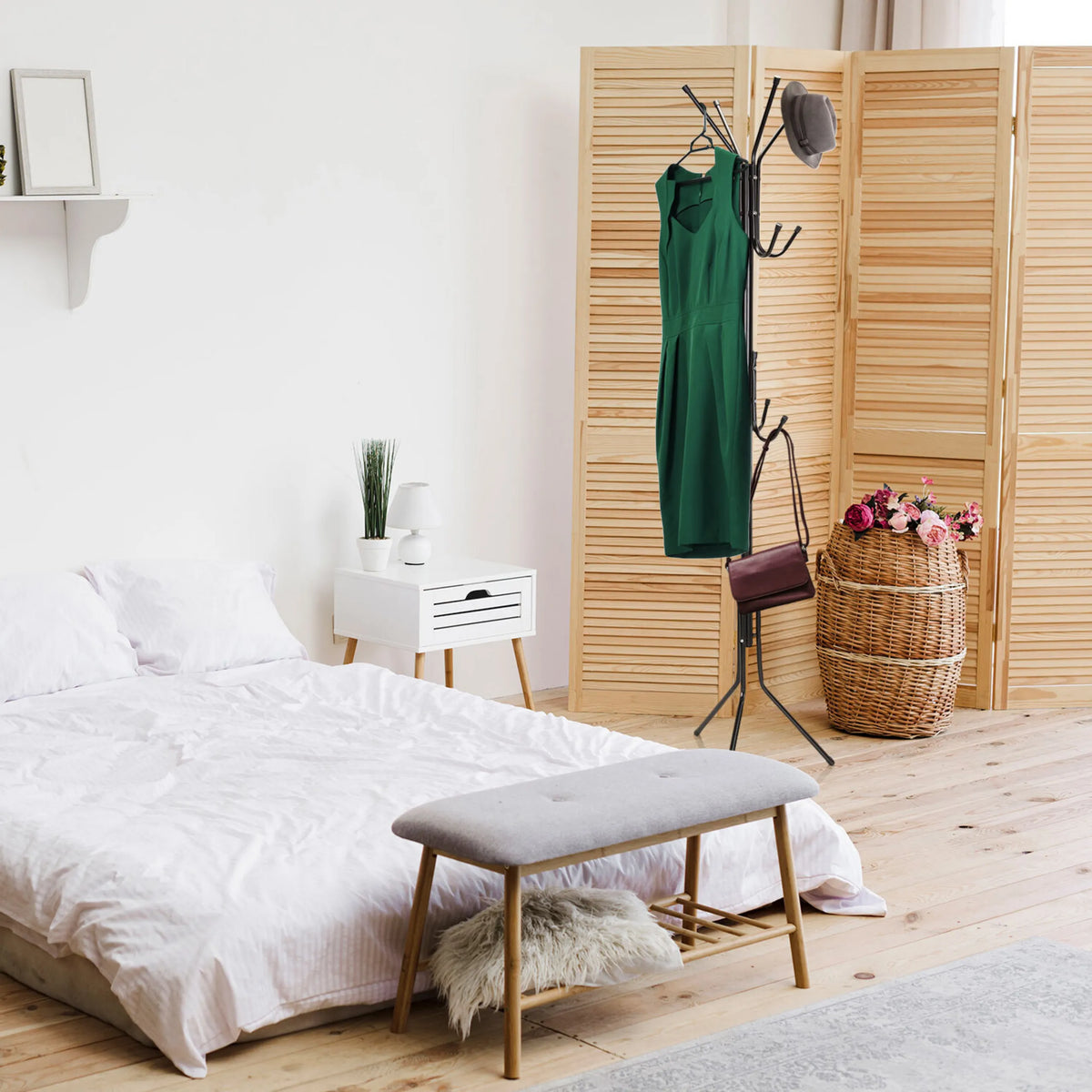 Black SPACE IV coat stand with hangers and shelf in a bright bedroom by hjh OFFICE