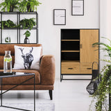 Office cabinet AMIO H in black and oak with two drawers and a closed cupboard compartment by hjh LIVING