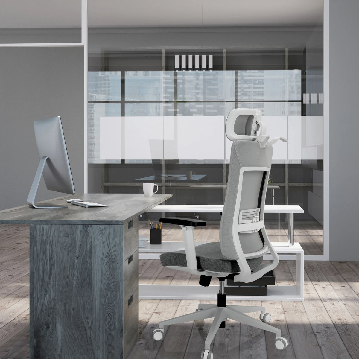 Grey Professional Office Chair COMFIO WMH with headrest and armrests at a desk by hjh OFFICE