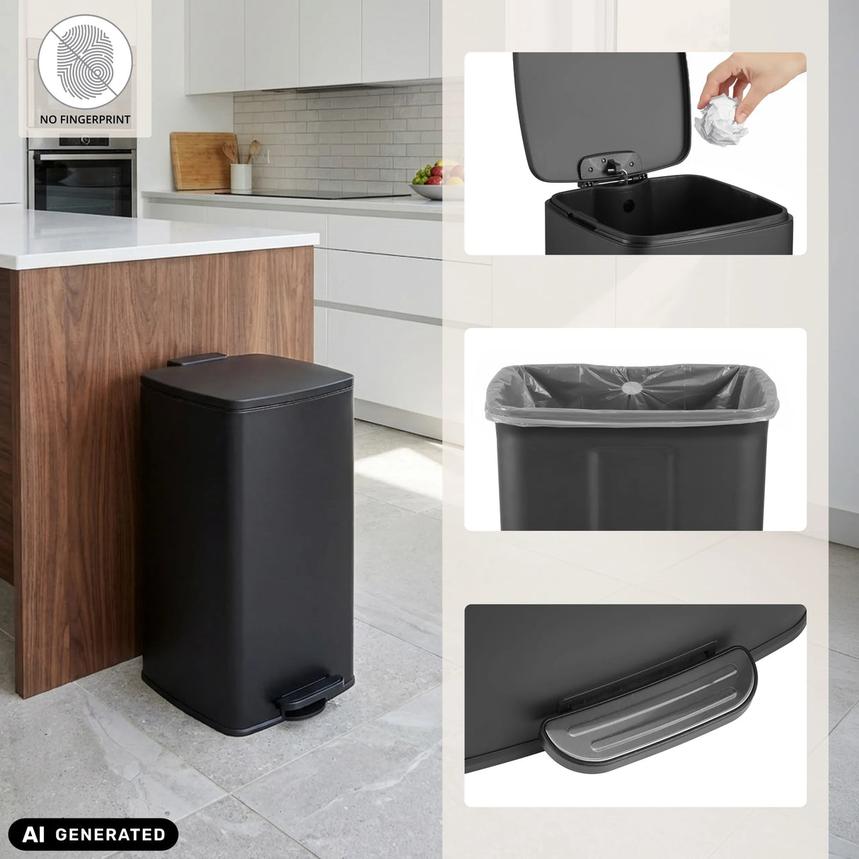 Black Clean Step 4 wastepaper bin with foot pedal, inner bucket and fingerprint protection by hjh OFFICE (AI-generated image)