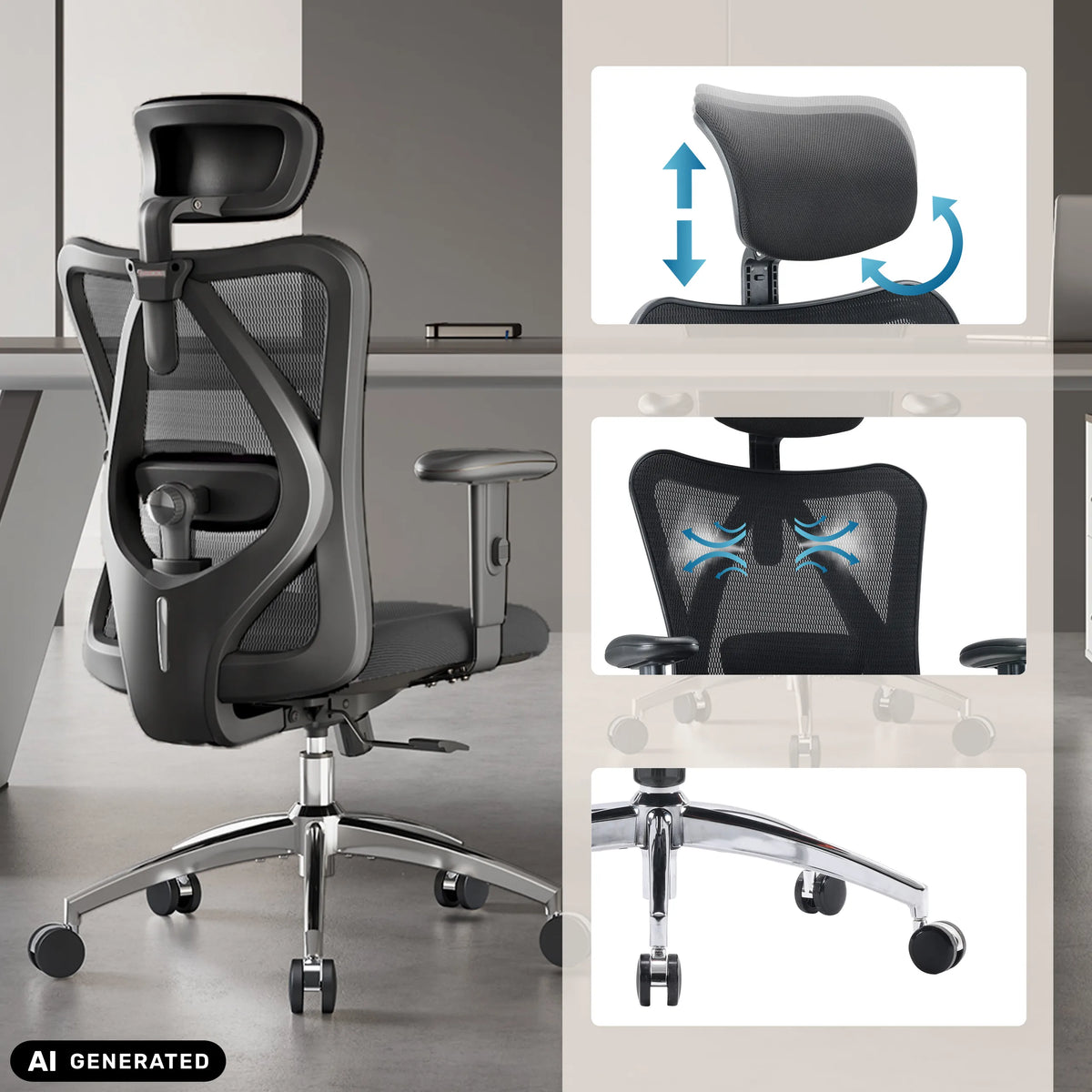 Professional Office Chair M18-M148 with adjustable headrest and mesh back in black by Sihoo (AI-generated image)
