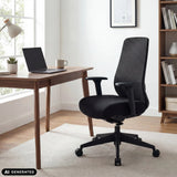 Black Professional Office Chair Verviq with mesh back and armrests at a desk by hjh OFFICE (AI-generated image)