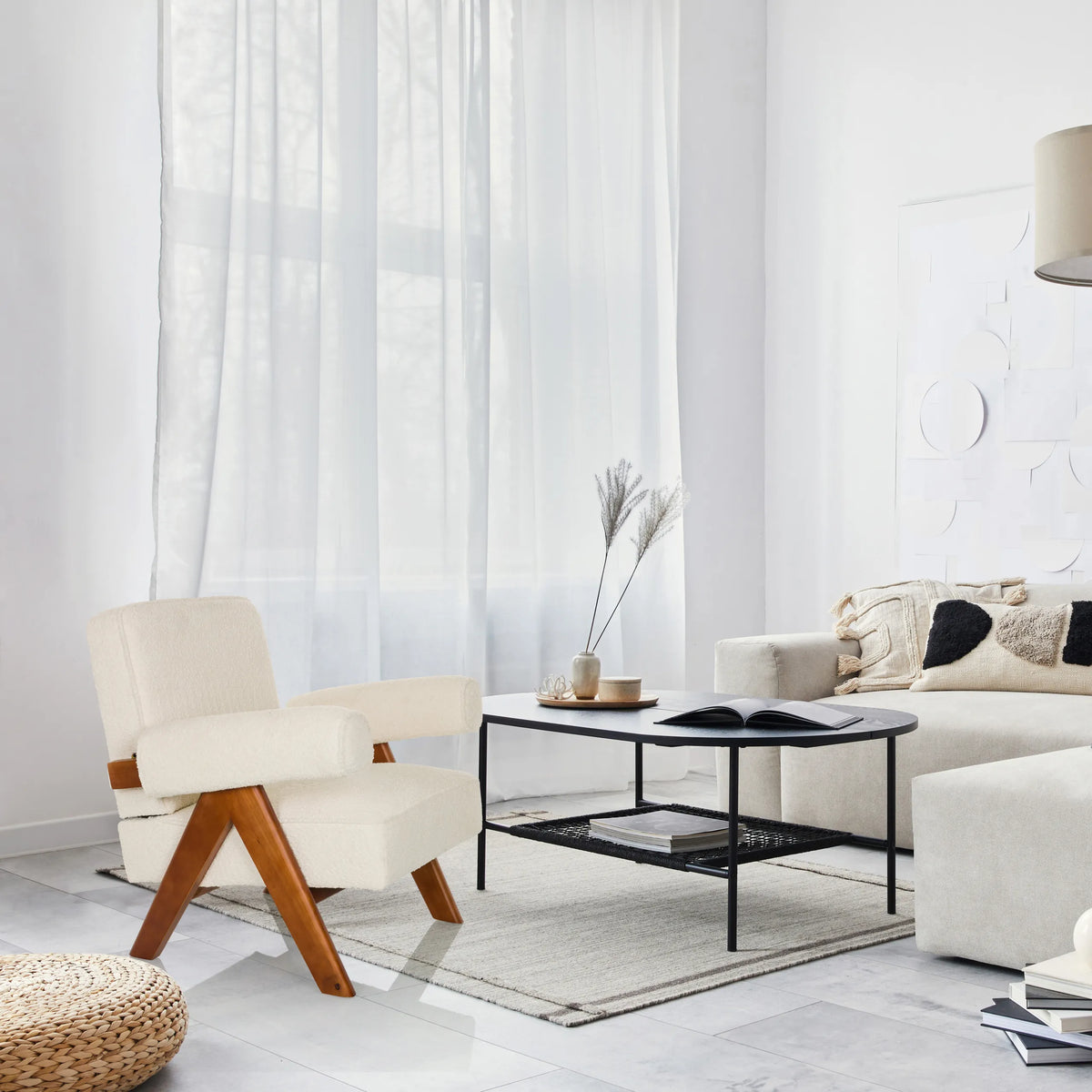 White Lounge Chair POOLY with wooden frame in a bright living environment by hjh LIVING