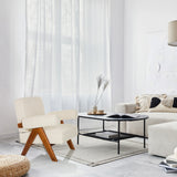 White Lounge Chair POOLY with wooden frame in a bright living environment by hjh LIVING