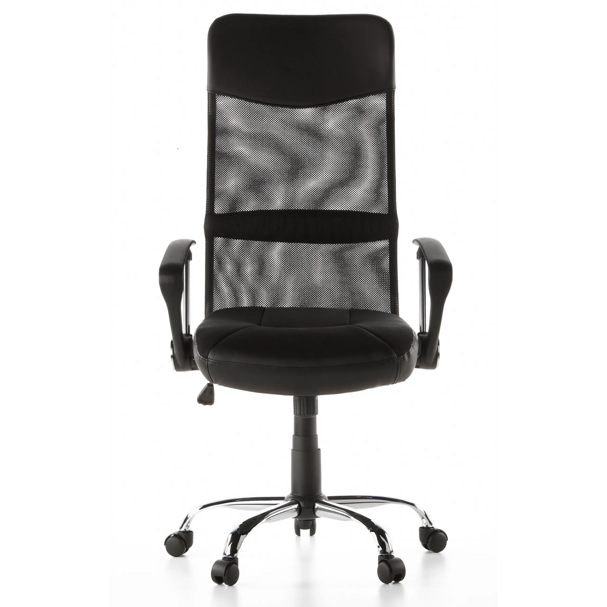 Black Home Office Executive Chair STRYKA with mesh back, faux leather seat and star base by hjh OFFICE – 360-degree view (front view 0°)