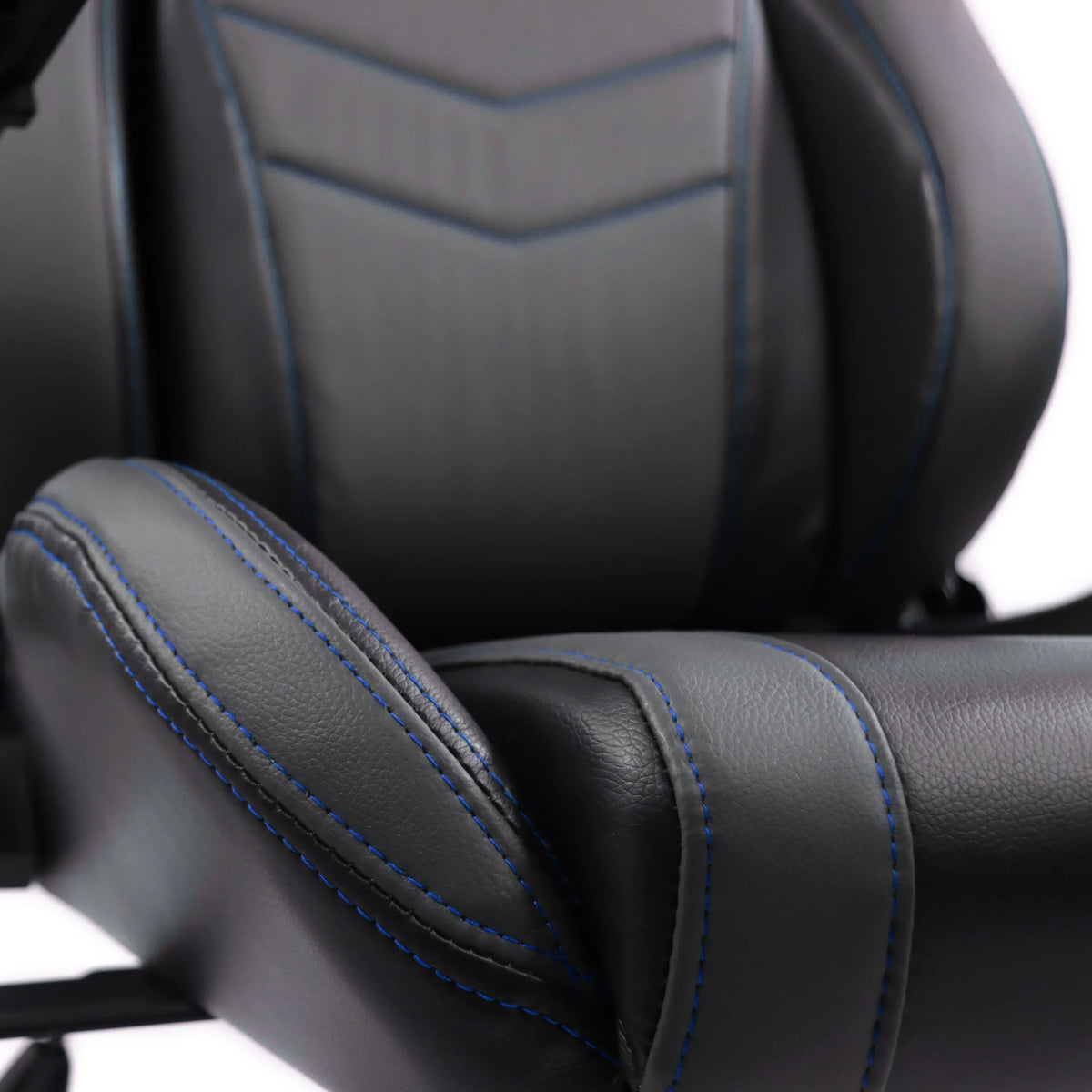Padded armrest and backrest of the GAMEBREAKER POLARYS I Gaming chair in grey with blue stitching by hjh OFFICE