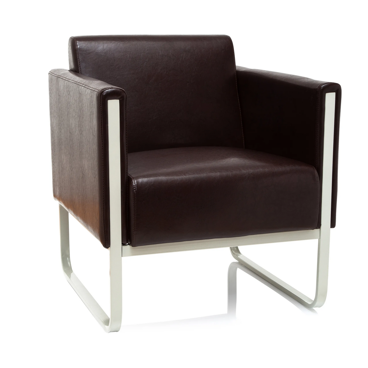 Brown upholstered armchair ARUBA with white metal frame by hjh OFFICE – 360-degree view (front view 20°)
