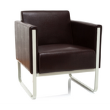 Brown upholstered armchair ARUBA with white metal frame by hjh OFFICE – 360-degree view (front view 20°)