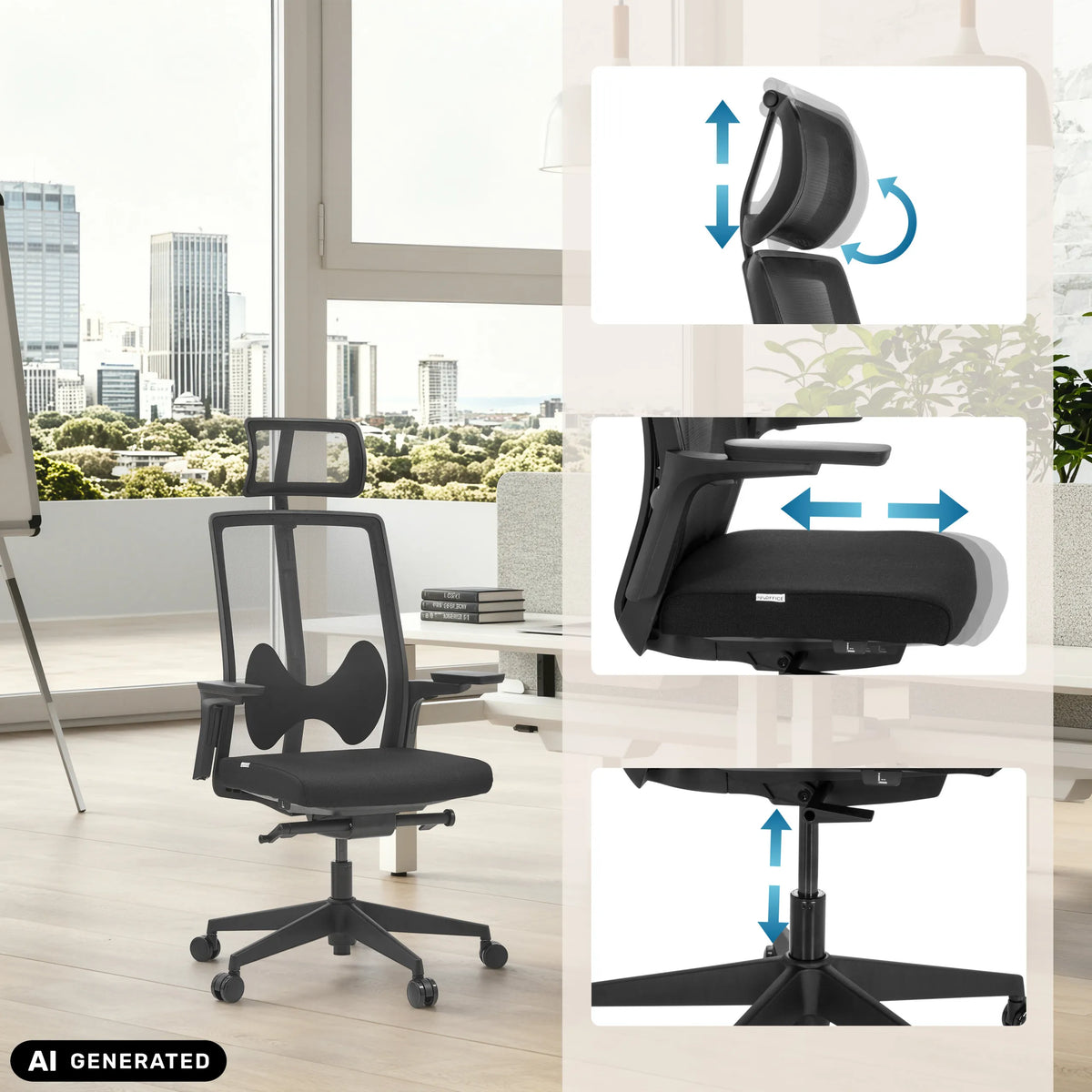 Adjustable headrest, seat depth and gas spring of the ARCEO B Professional Office Chair in black by hjh OFFICE