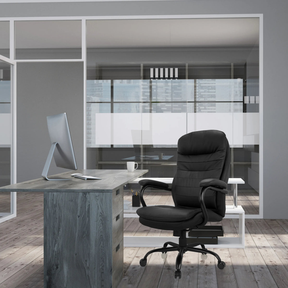 RELAX XXL B swivel chair in black faux leather with armrests at a desk by hjh OFFICE
