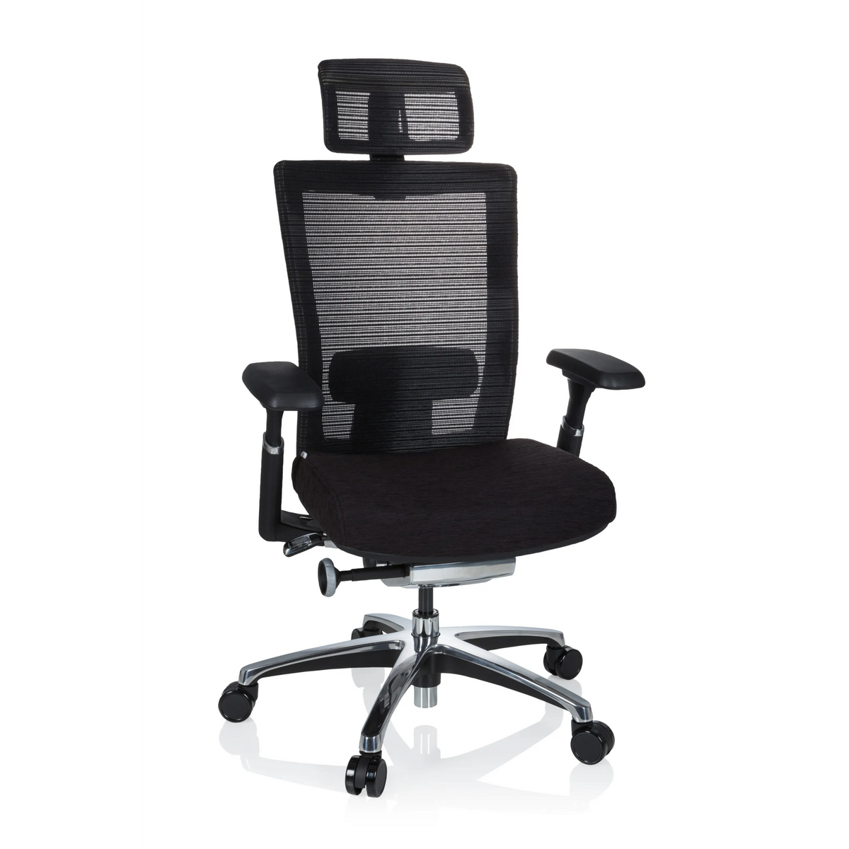 Black High End Office Chair NOVA PRO I with mesh back and five-caster base by hjh OFFICE – 360-degree view (front view 20°)