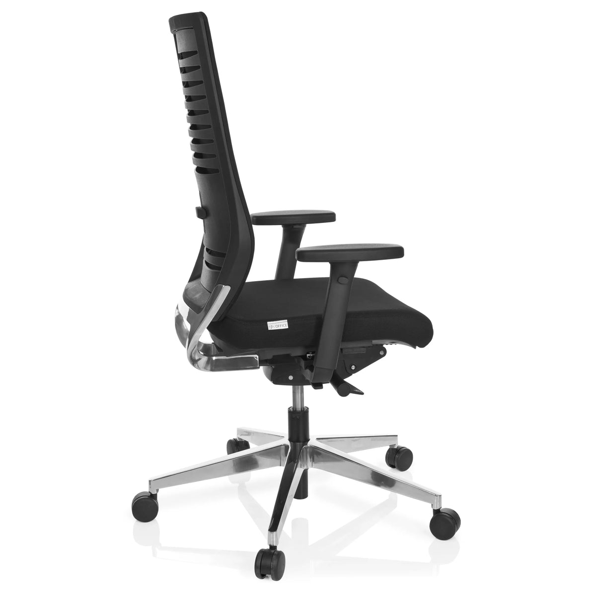 Black Professional Office Chair PRO-TEC 700 with armrests and glossy five-caster base by hjh OFFICE – 360-degree view (side profile 100°)