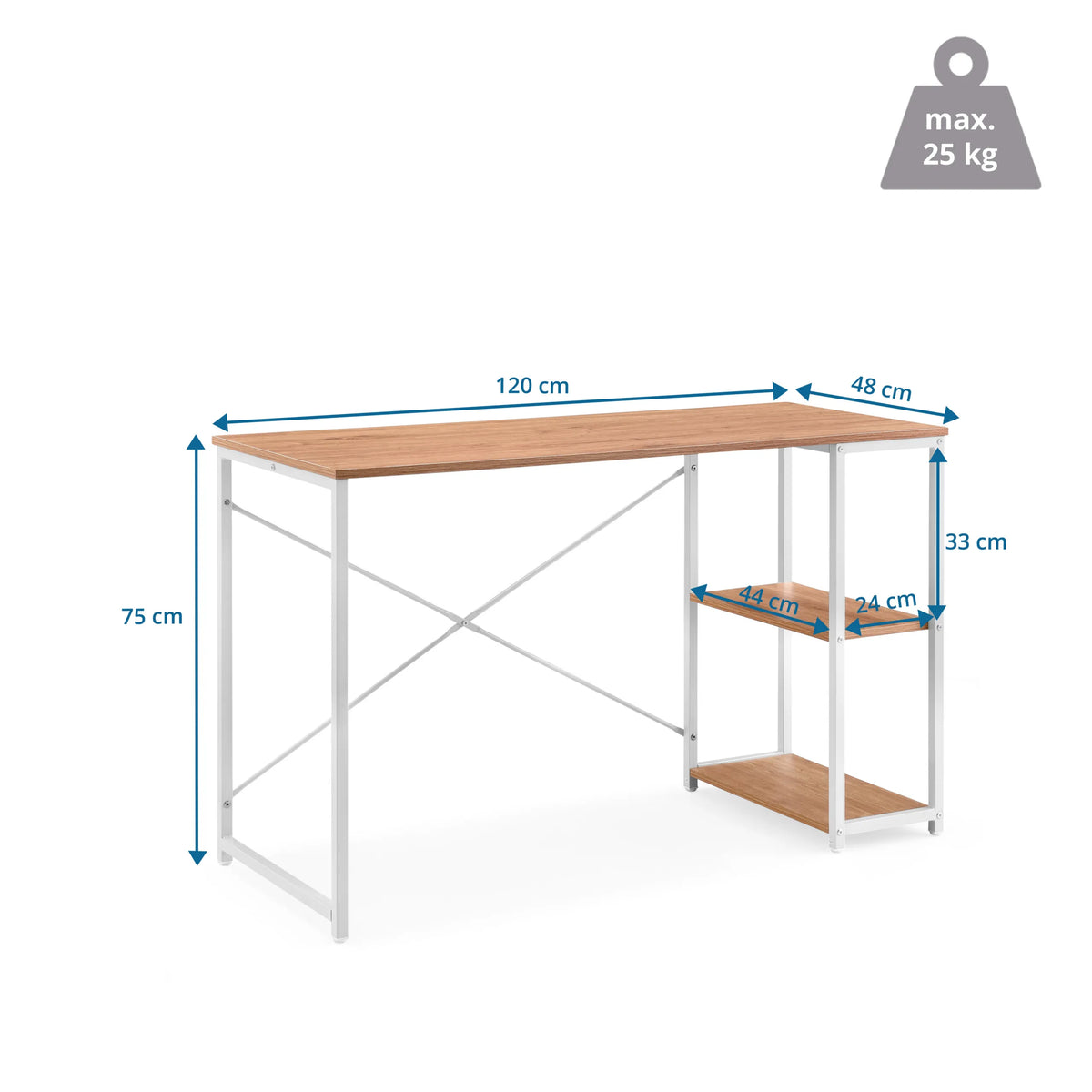 Dimensional drawing of the Easy Up2 office desk with a width of 120 cm and a height of 75 cm by hjh LIVING