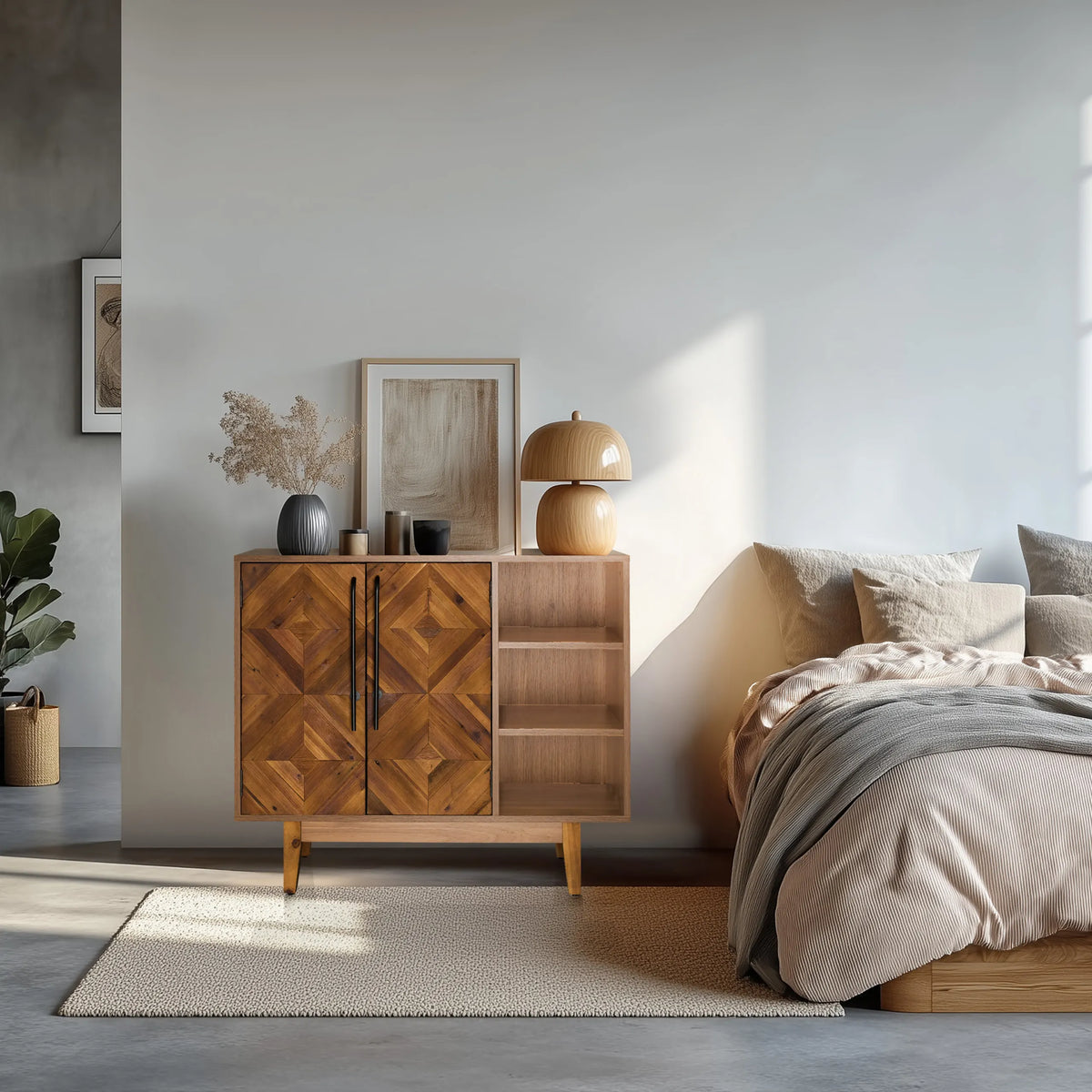 Chest of drawers SANTJAGO WOOD L made of dark brown wood with geometric pattern and open shelves by hjh LIVING