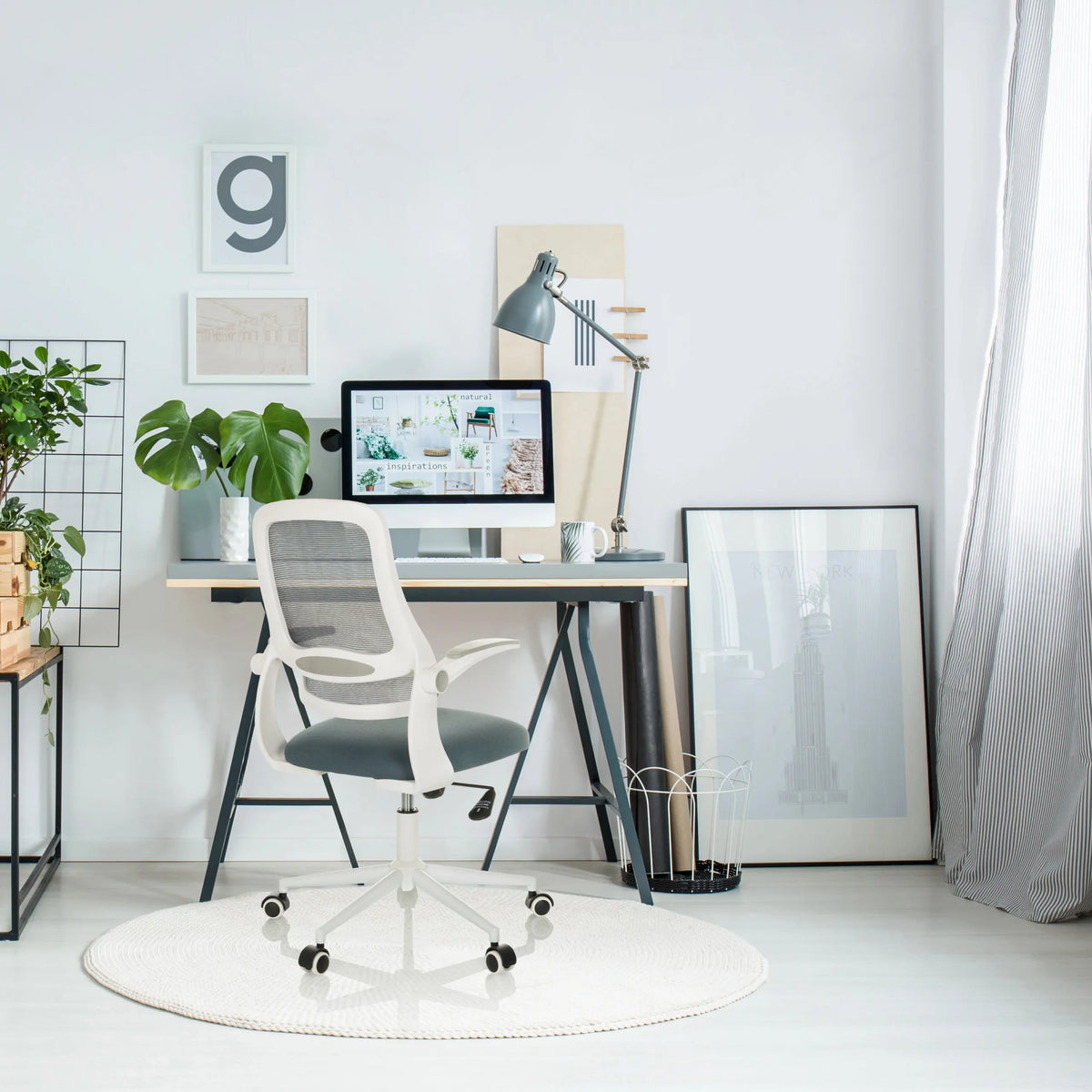 Home Office Chair MIKO W ECO in grey with mesh backrest and white armrests by hjh OFFICE