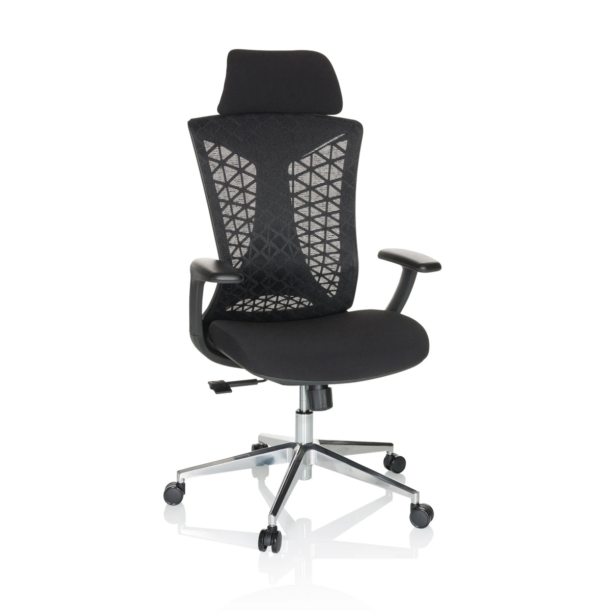 Black Professional Office Chair FALEO B with mesh back and five-caster base by hjh OFFICE – 360-degree view (front view 15°)