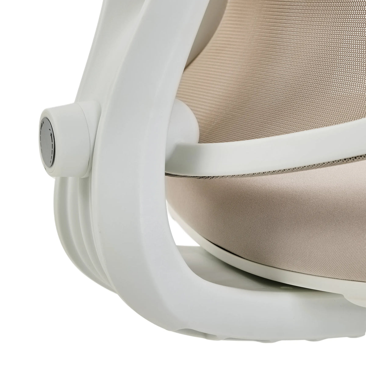 White plastic frame with beige fabric upholstery of the Professional Office Chair ERGOMY W by MyBuero