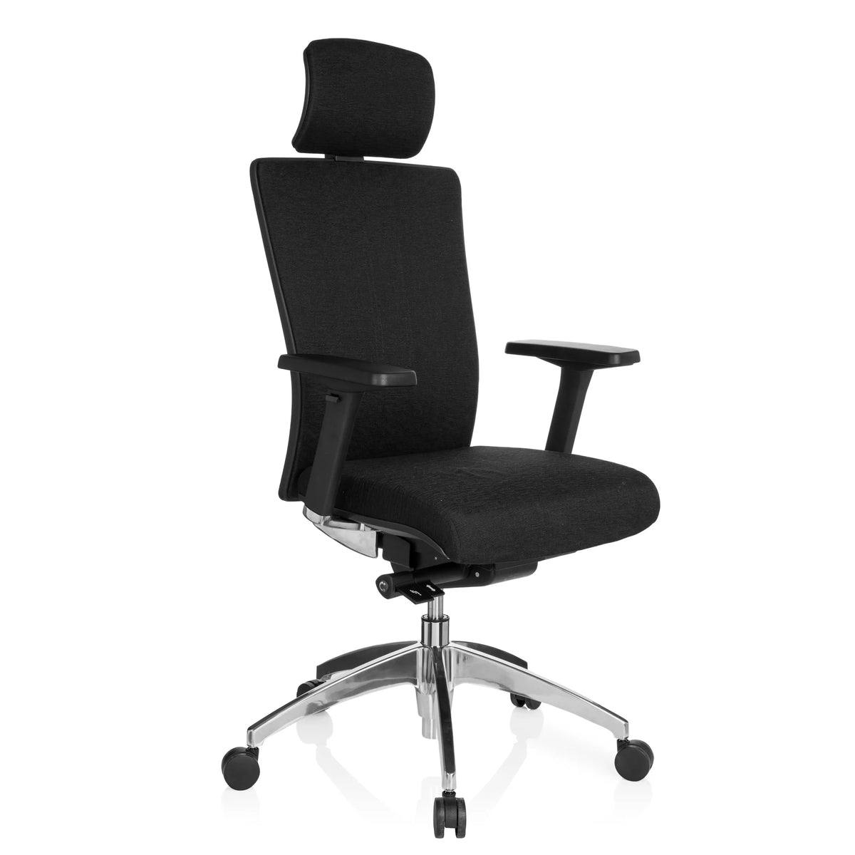 Black Professional Office Chair ASTRA LUX with headrest, armrests and five-caster base by hjh OFFICE – 360-degree view (front three-quarter view 40°)