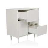 White Chest of drawers LYKKJA with two open drawers and a door on tapered legs by hjh LIVING