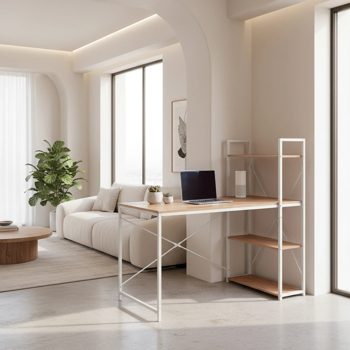 Office Desk Easy Up3 in white and oak with integrated shelving and a laptop on the worktop by hjh LIVING
