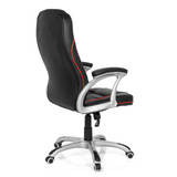 Black Gaming chair RELAX AB100 with red decorative stitching, quilting and five-caster base by MyBuero – 360-degree view (rear three-quarter view 120°)