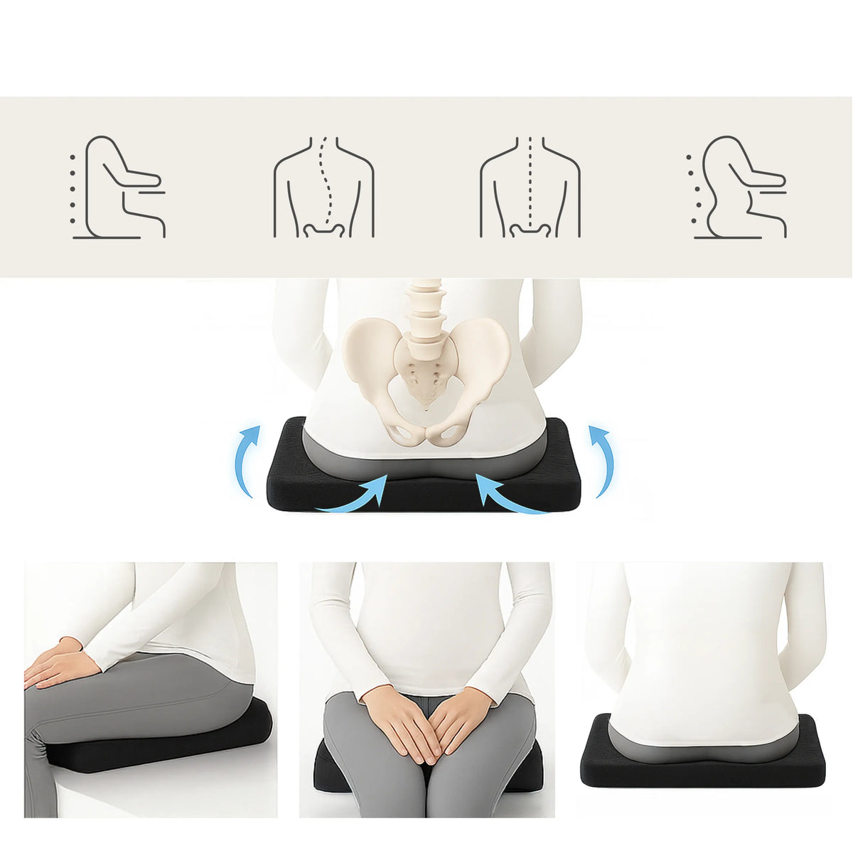 Black MEDISIT I seat cushion with schematic diagrams of the spine and various views by hjh OFFICE
