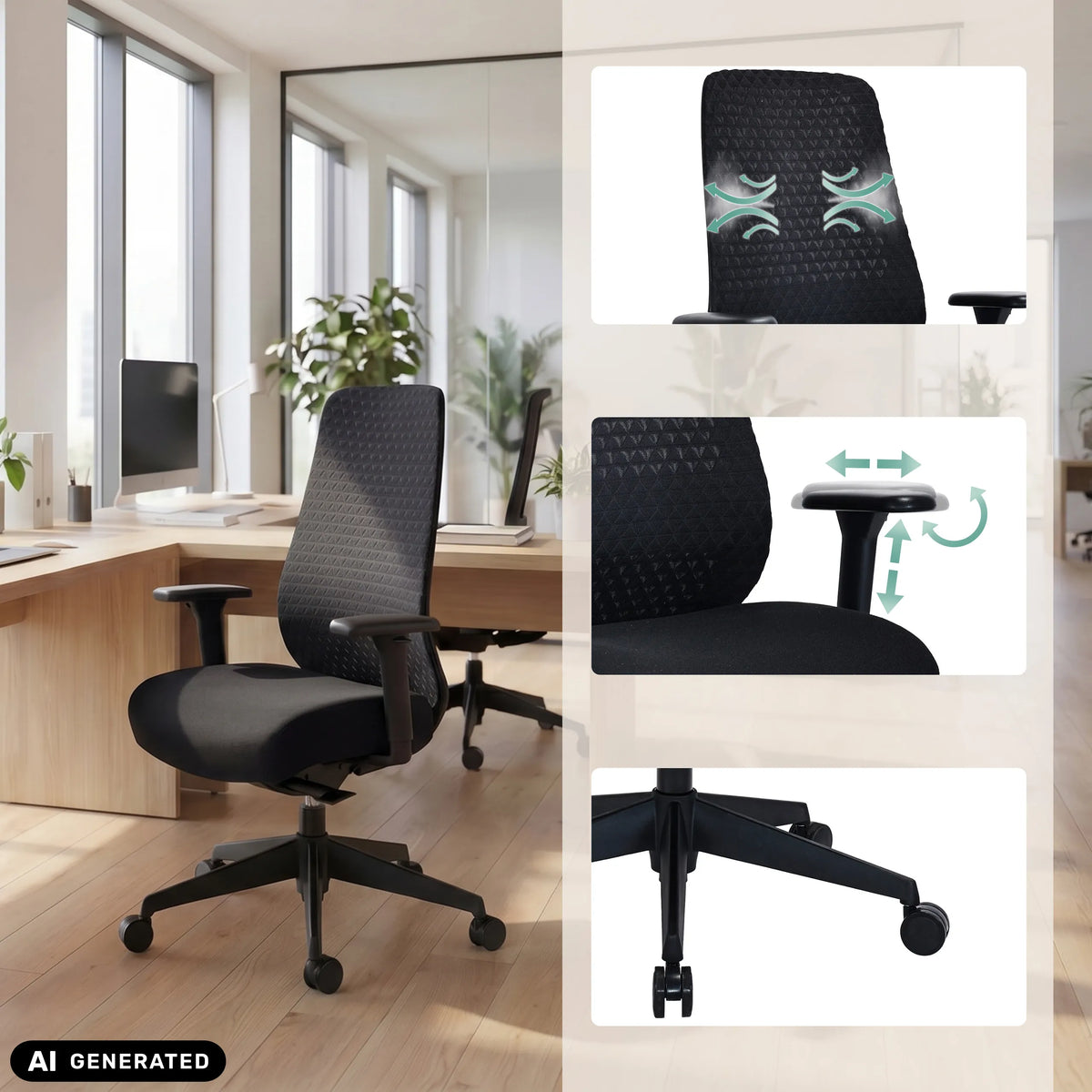 Professional Office Chair Verviq in black with adjustable armrests and base by hjh OFFICE (AI-generated image)